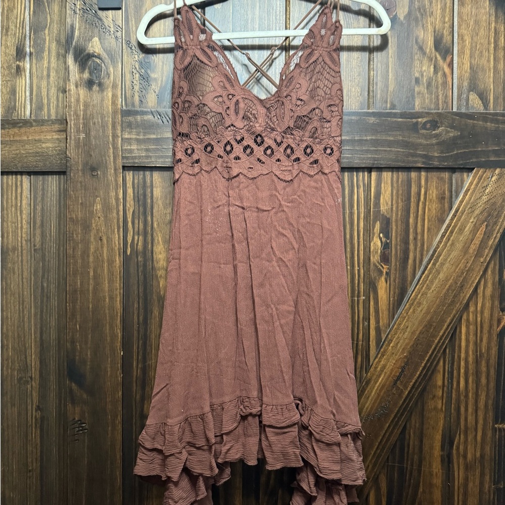 Rue21 Asymmetrical Lace Trim Dress in Brown